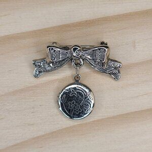 Vintage Silver-Tone Floral Bow Locket Pin/Brooch Embossed Design Elegant 1"